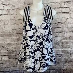 CAbi Floral Navy and White Women's Top With Tie Detail on Shoulders